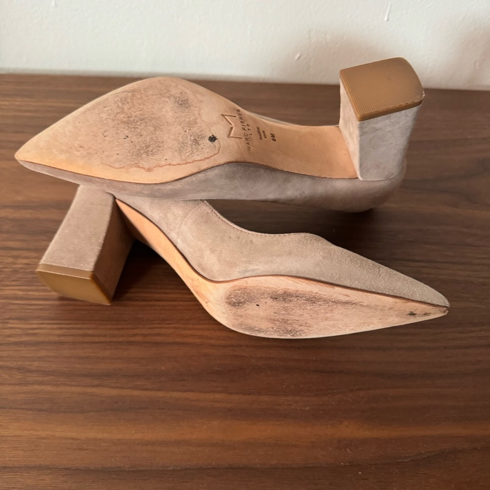 Marc Fisher Block Heel Pointed Toe Pumps in Taupe Suede - Picture 5 of 6